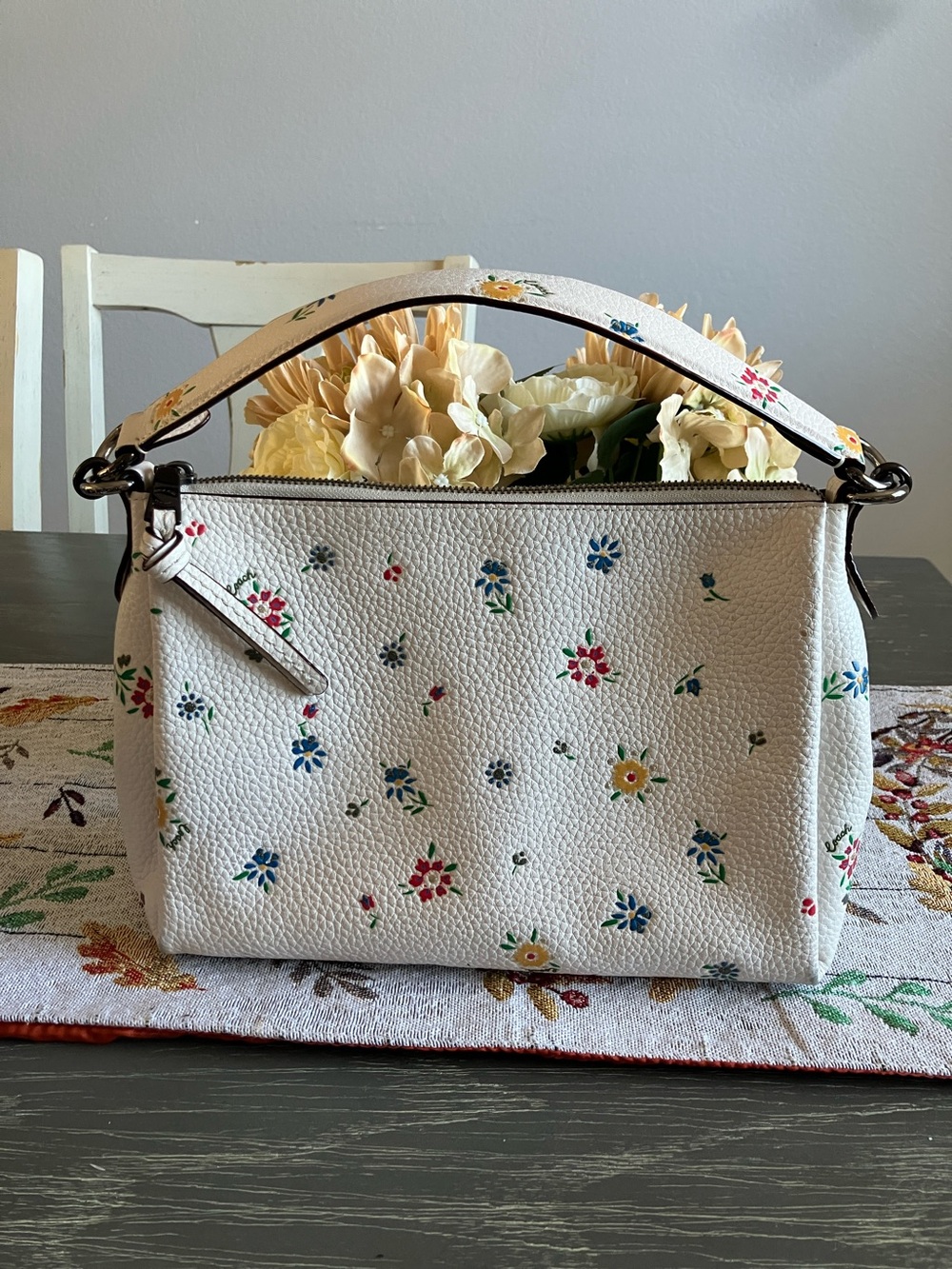 Coach White Leather Floral Shoulder Bag